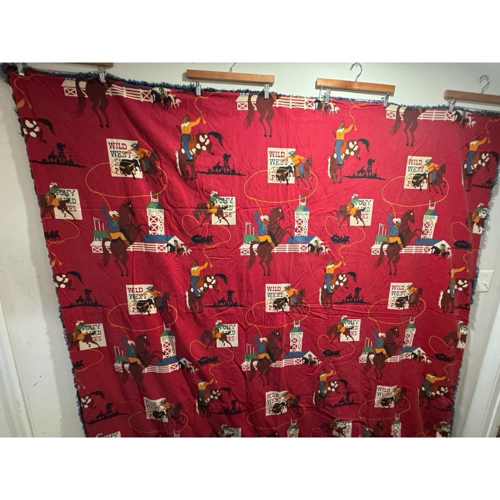 Vintage The Rug Market Wild Western Cowboy Rodeo Hand Made Big Blanket USA Made